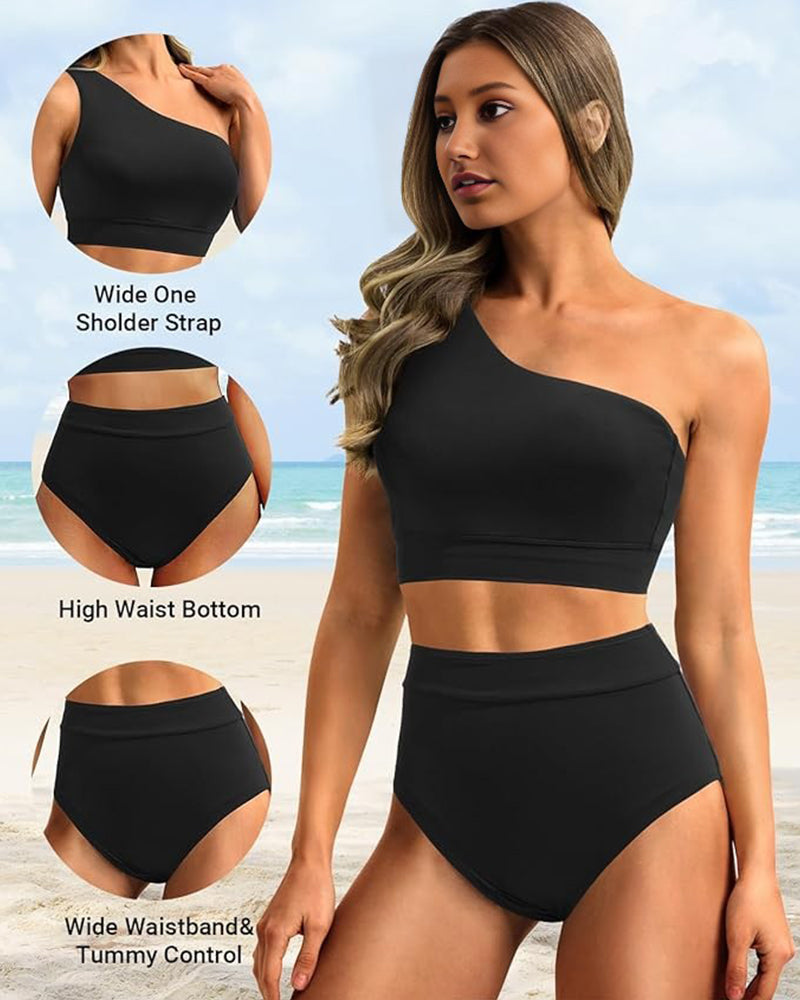 OmbreSwim - High-Waist One-Shoulder Tummy Control Bikini Set