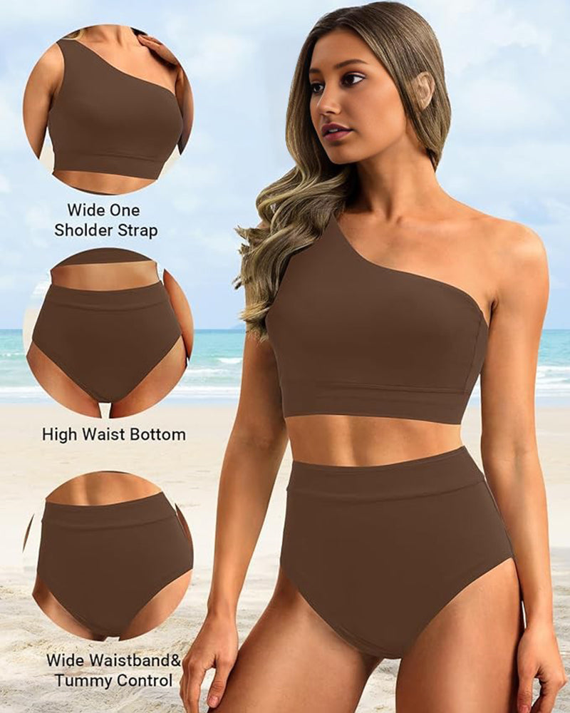 OmbreSwim - High-Waist One-Shoulder Tummy Control Bikini Set