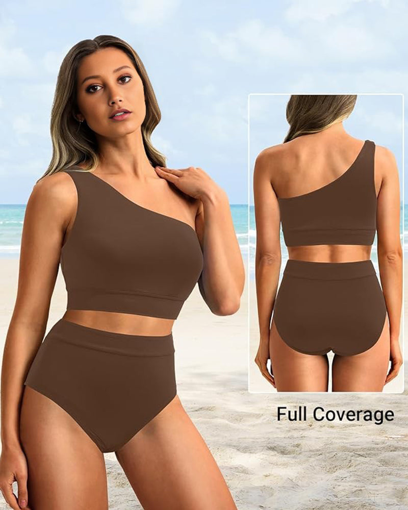 OmbreSwim - High-Waist One-Shoulder Tummy Control Bikini Set
