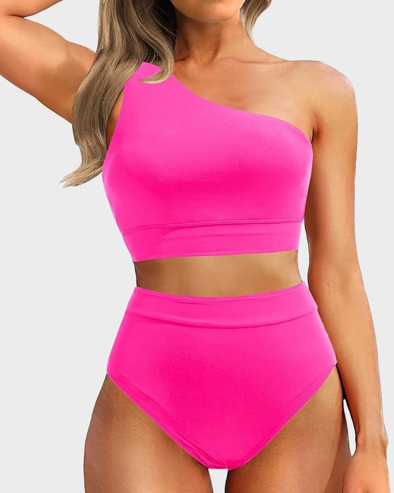 OmbreSwim - High-Waist One-Shoulder Tummy Control Bikini Set