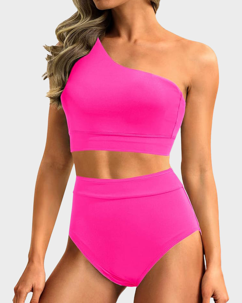 OmbreSwim - High-Waist One-Shoulder Tummy Control Bikini Set