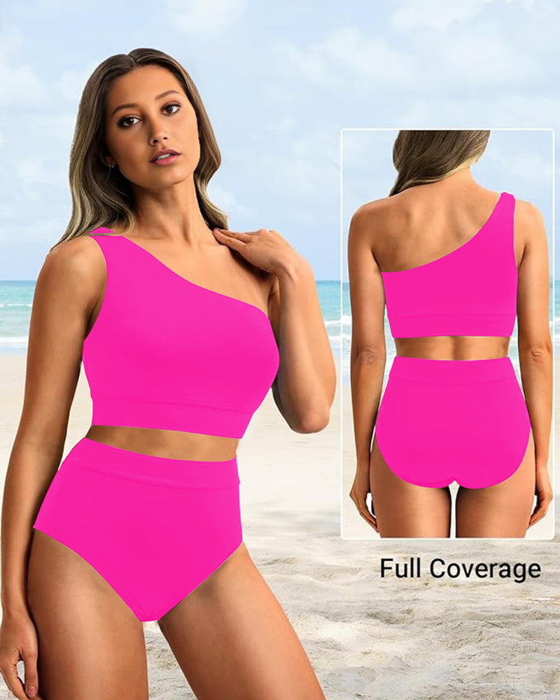 OmbreSwim - High-Waist One-Shoulder Tummy Control Bikini Set