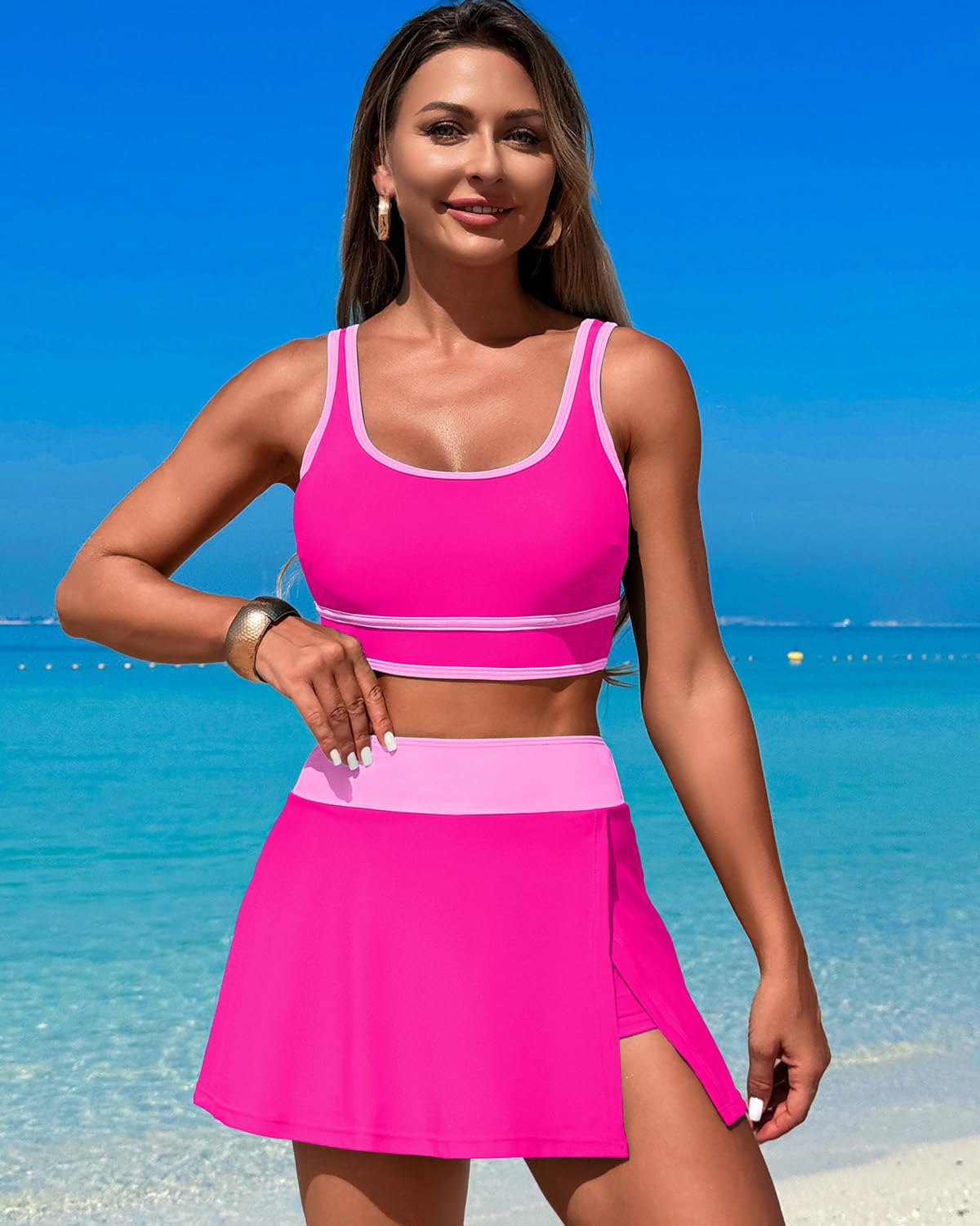 OmbreSwim - High Waisted Bikini Sets Tummy Control Swim Skirt Two Piece Swim Suit Tummy Control Color Block Bathing Suit