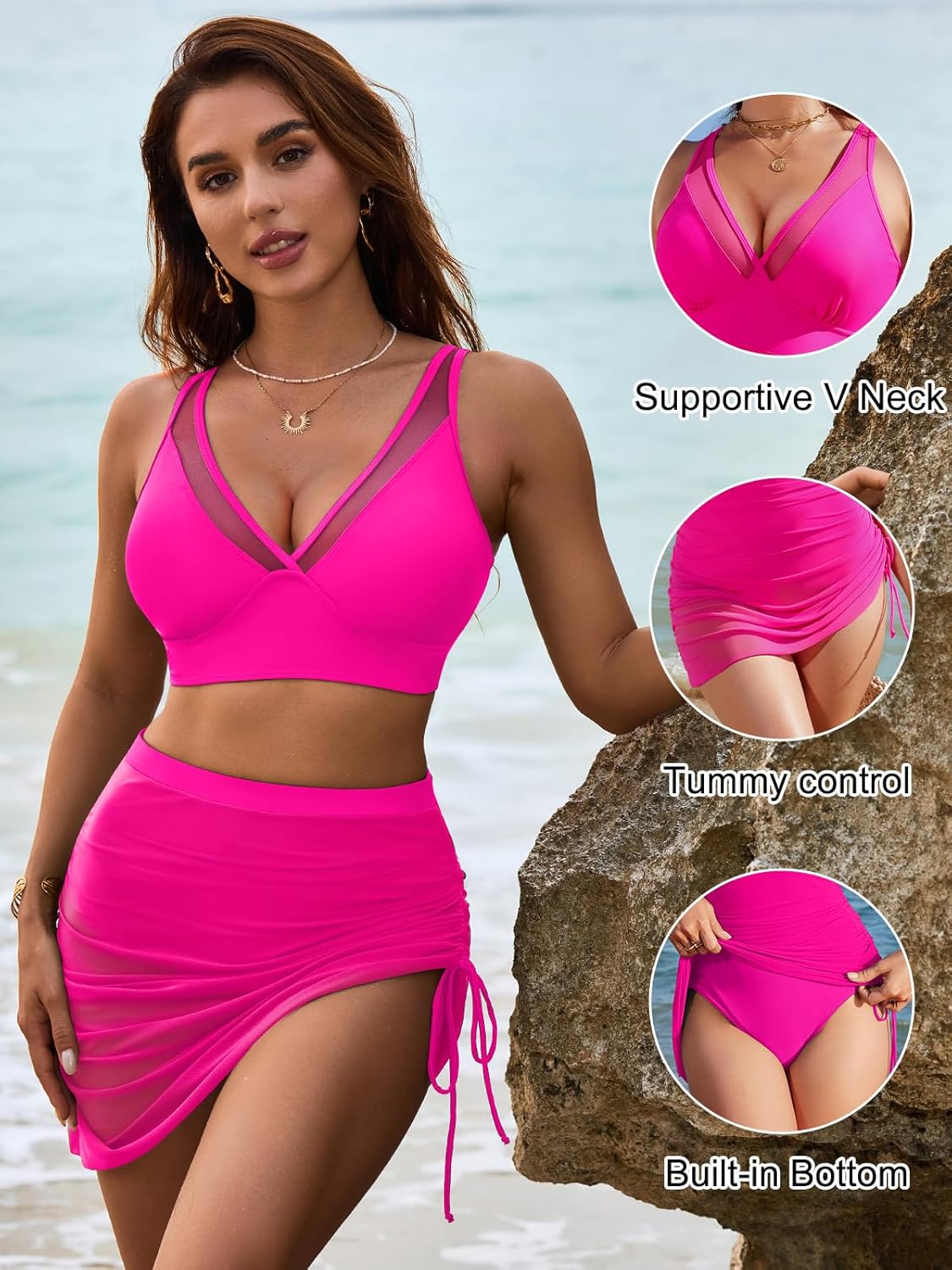 OmbreSwim - Womens Swim Skirt High Waisted Bikini Sets Tummy Control Swimsuits Mesh Sarong Wraps Bathing Suits