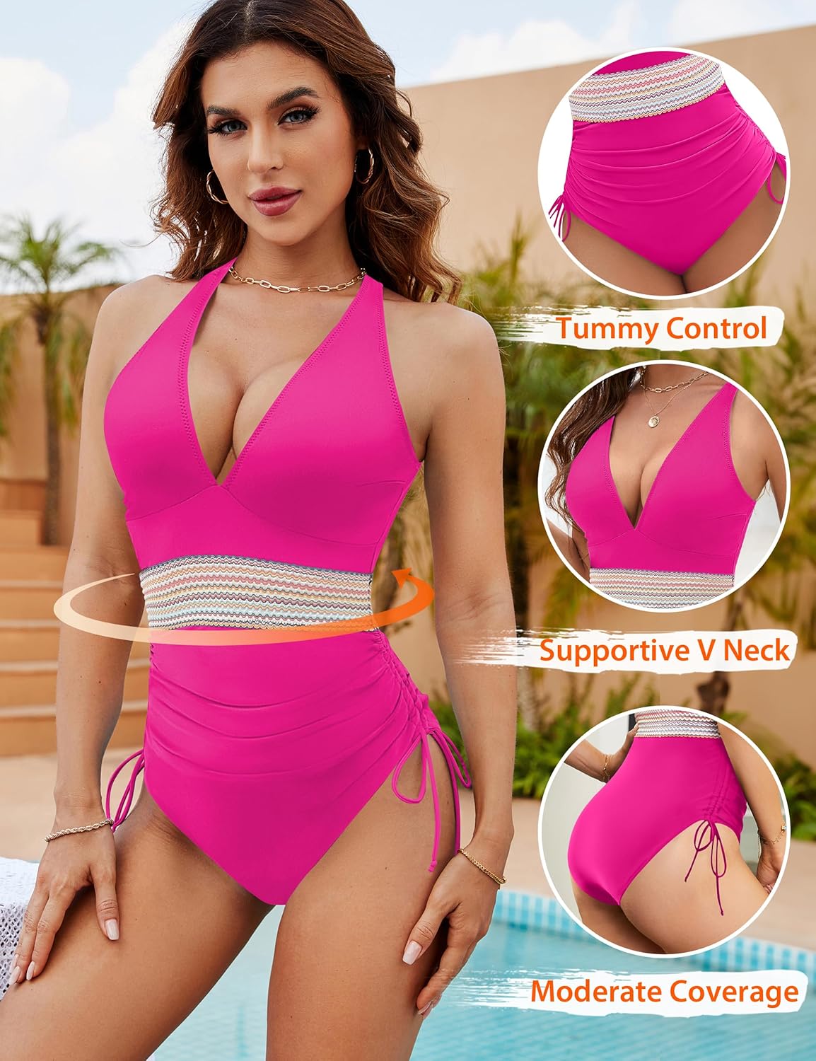 OmbreSwim - Women Tummy Control Swimsuits One Piece Slimming Modest Bathing Suit Color Block Drawstring Swim Suits