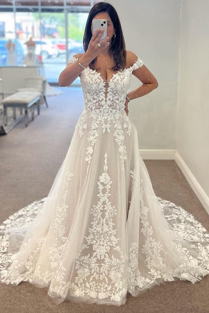 Ivory A Line Off- the -shoulder Tulle Sweep Train Wedding Dresses Ivory A Line Off- the -shoulder Tulle Sweep Train Wedding Dresses