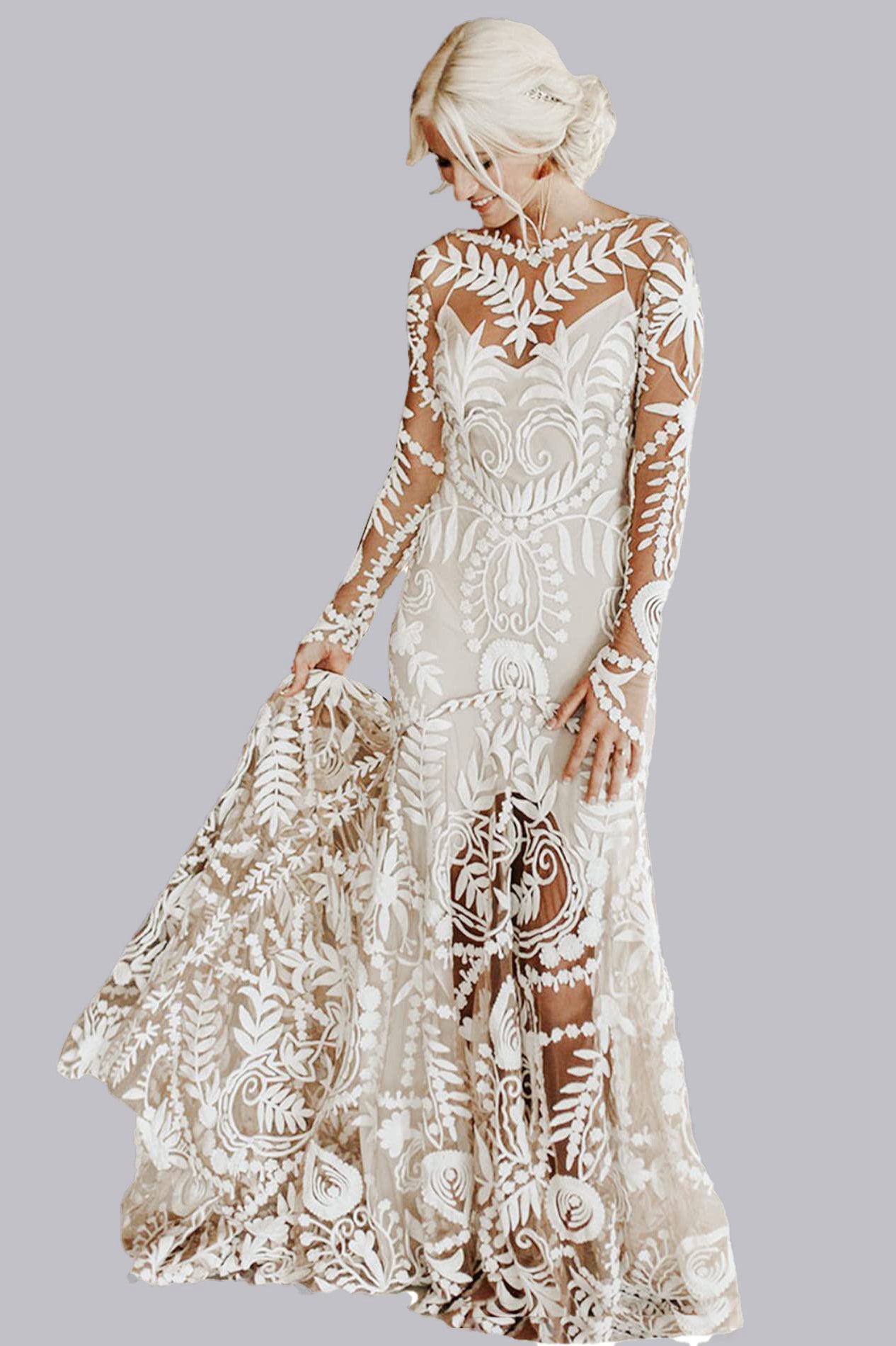 Ombreprom Wedding Dress Ombreprom Long Sleeves Beach Lace Bridal Gown Ombreprom Wedding Dress Ombreprom Long Sleeves Beach Lace Bridal Gown