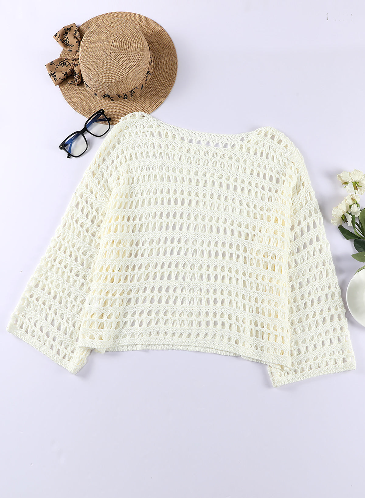 OmbreSwim - White Mesh Knitted Long Sleeve Hollow Sun-proof Round Neck Cover Up