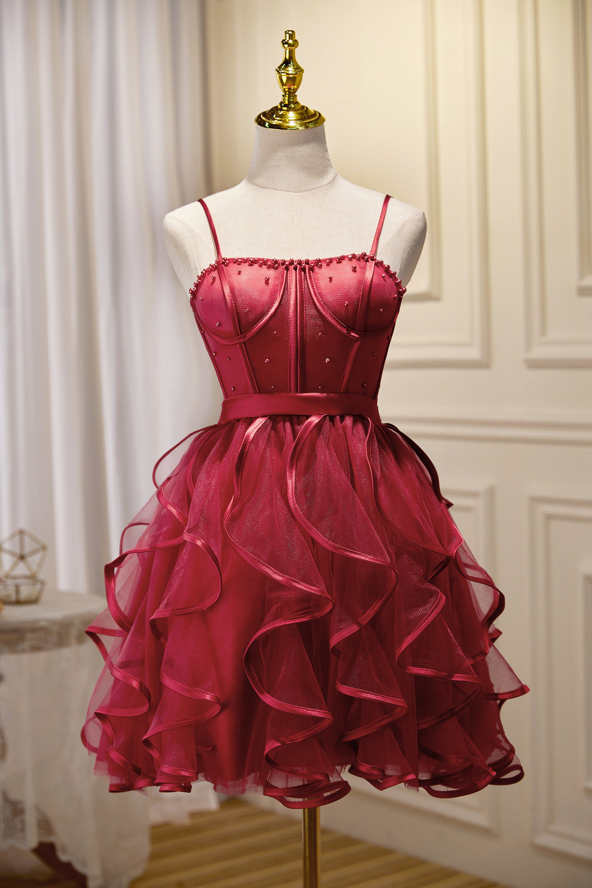 Unique Burgundy Spaghetti Straps Beading Tulle Short Homecoming Dresse Unique Burgundy Spaghetti Straps Beading Tulle Short Homecoming Dresse