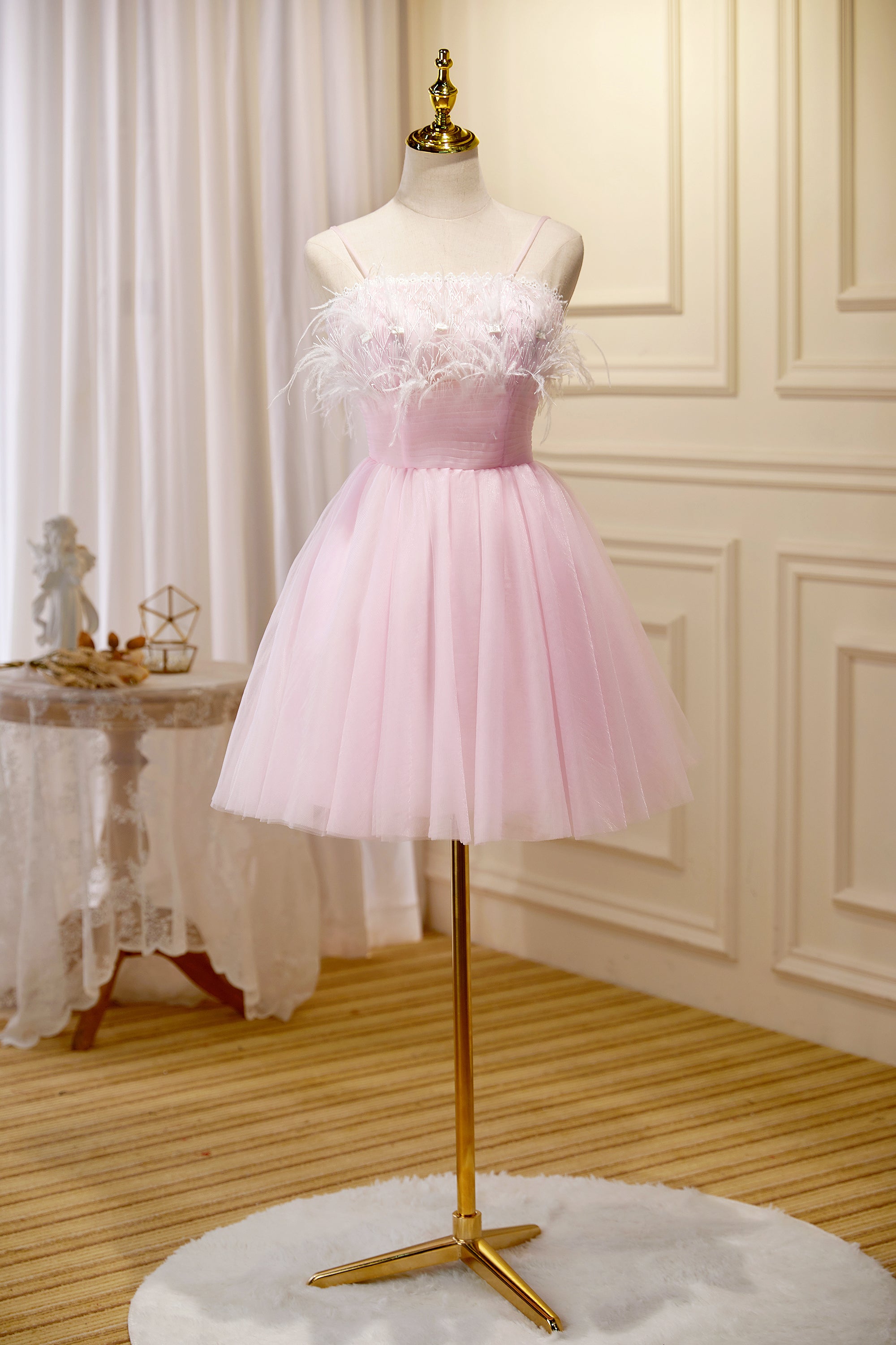 Ombreprom Homecoming Dress Pink Feather Spaghetti Straps Tulle Short Party Dress Ombreprom Homecoming Dress Pink Feather Spaghetti Straps Tulle Short Party Dress