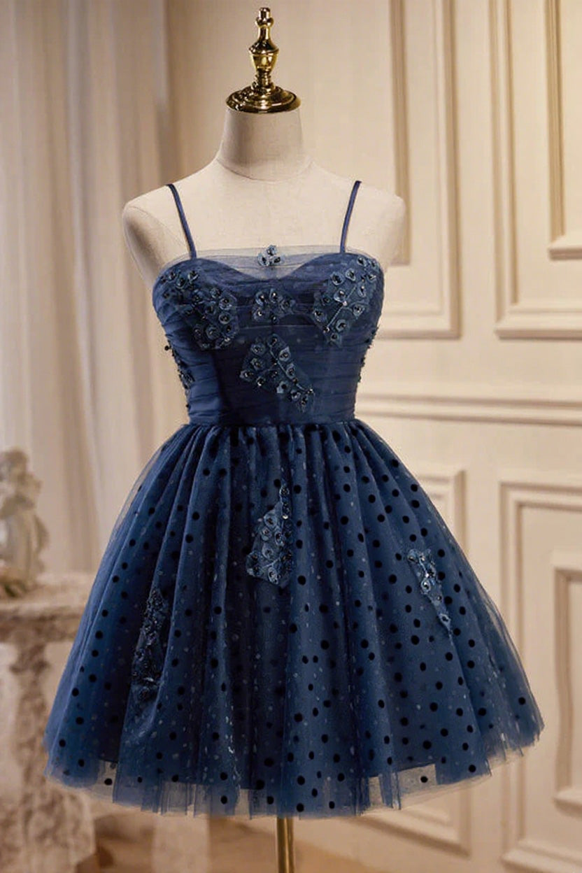Dark Navy Spaghetti Straps Tulle Short Homecoming Dresses Dark Navy Spaghetti Straps Tulle Short Homecoming Dresses