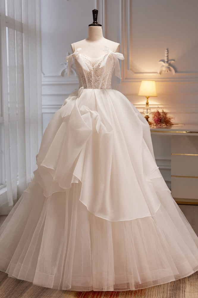 Elegant Ivory Spaghetti Straps Ball Gown with Bowknot A Line Tulle Lon Elegant Ivory Spaghetti Straps Ball Gown with Bowknot A Line Tulle Lon
