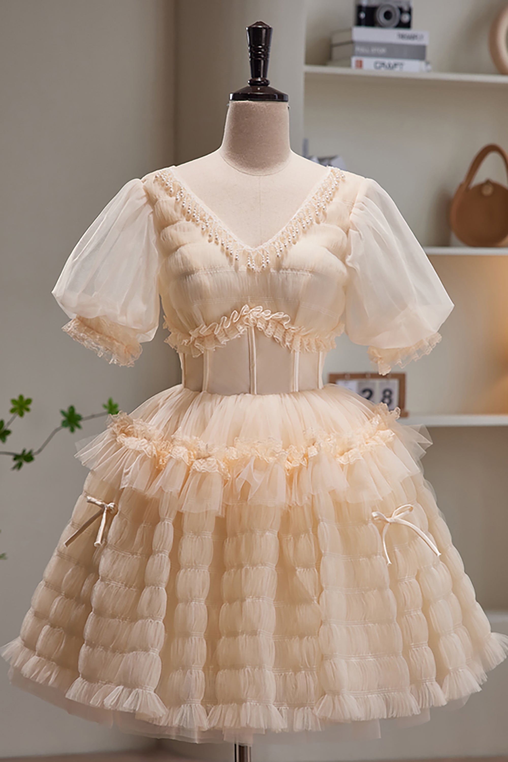Ombreprom Homecoming Dress Champagne V Neck Short Sleeves Tulle Short Graduation Dress Ombreprom Homecoming Dress Champagne V Neck Short Sleeves Tulle Short Graduation Dress