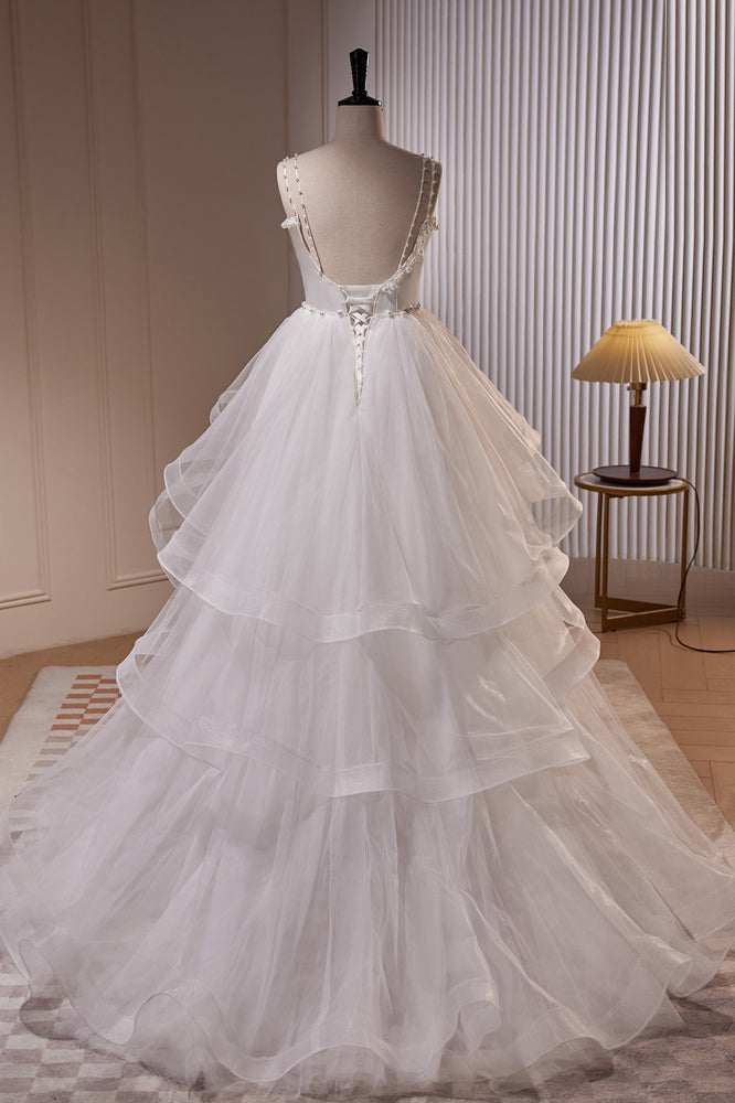 White V Neck Spaghetti Straps Beading A Line Tulle Long Prom Dresses