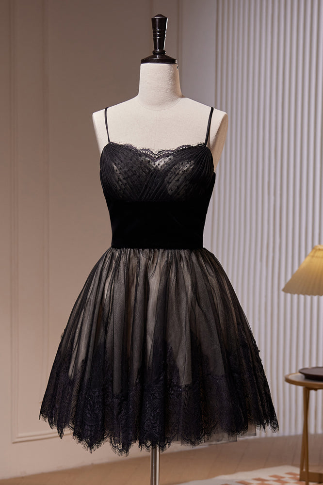 Black Spaghetti Straps Lace Tulle Short Homecoming Dresses