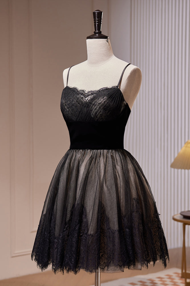 Black Spaghetti Straps Lace Tulle Short Homecoming Dresses