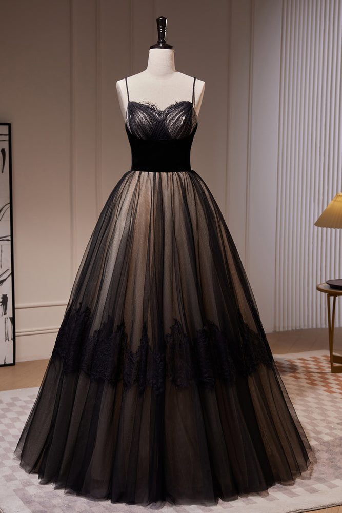 Simple Black Spaghetti Straps Lace Evening Gowns A Line Tulle Long Prom Dresses Simple Black Spaghetti Straps Lace Evening Gowns A Line Tulle Long Prom Dresses