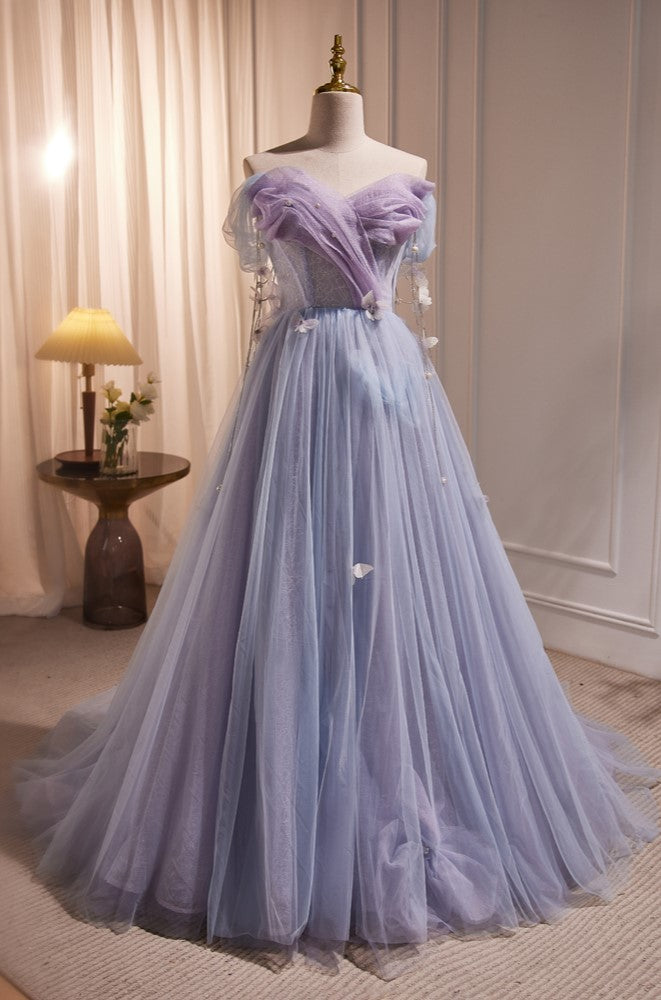 Chic Strapless Purple A Line Tulle Long Prom Dresses Unique Party Gown Chic Strapless Purple A Line Tulle Long Prom Dresses Unique Party Gown
