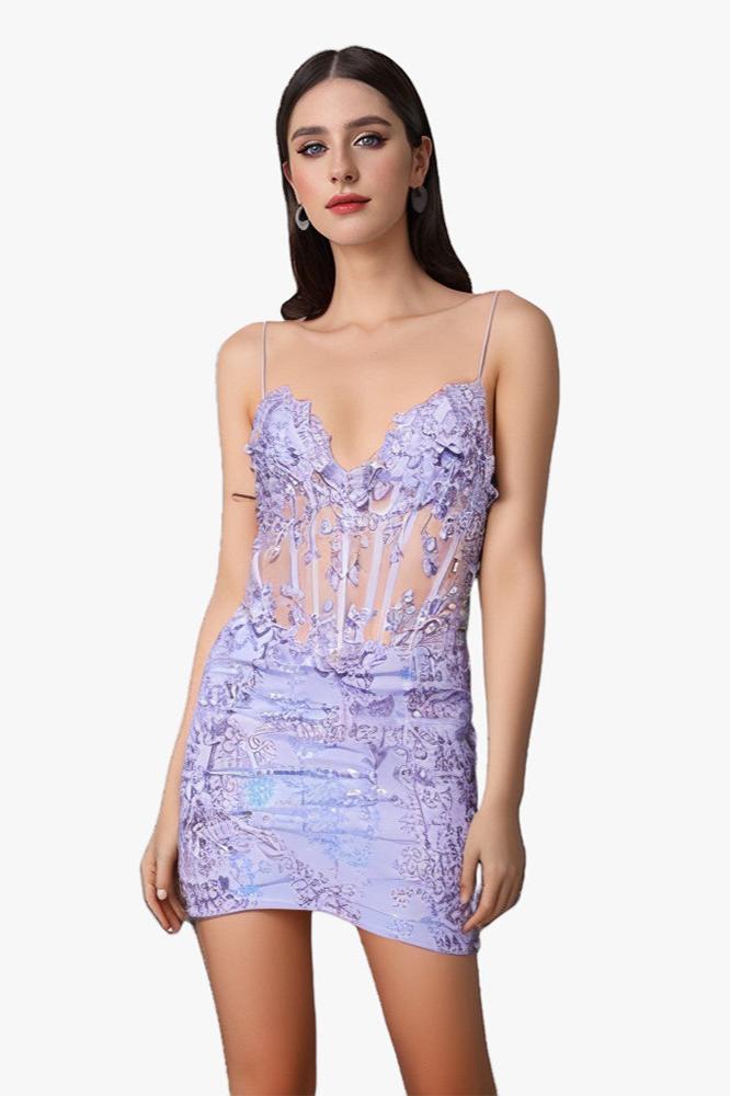 see through purple dress Long Sleeve See Through Lilac Star Lace Prom Dresses with Sleeves & Belt ARD1941