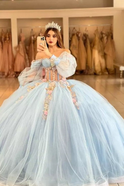Long Sleeves Sky Blue Tulle Quinceanera Dresses with Flower Appliques Long Sleeves Sky Blue Tulle Quinceanera Dresses with Flower Appliques