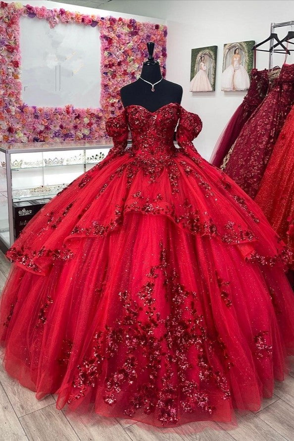 Long Sleeves Sweetheart Off The Shoulder Red Quinceanera Dresses Long Sleeves Sweetheart Off The Shoulder Red Quinceanera Dresses