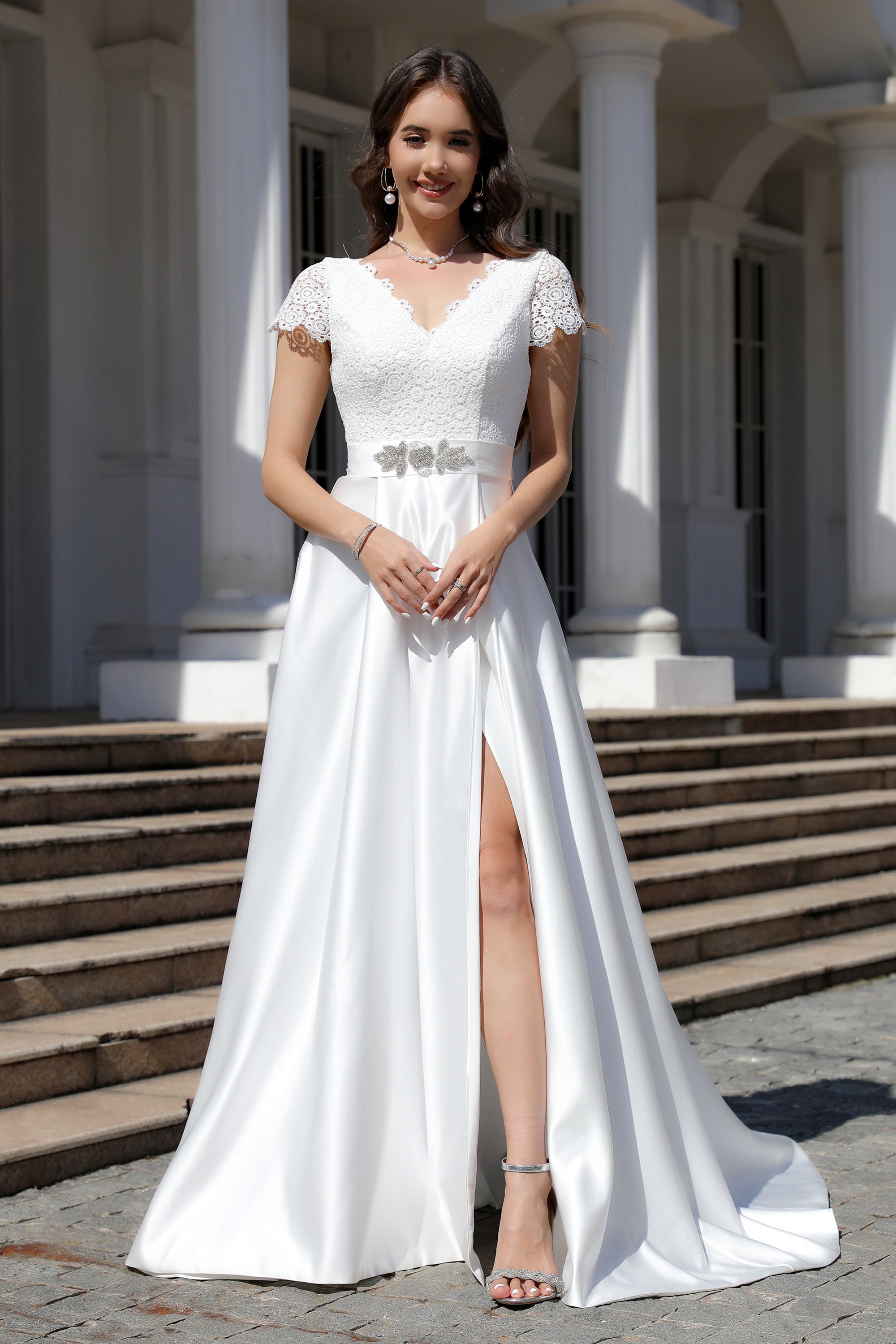 Minimalist Satin A Line Short Sleeve Wedding Dress with Belt