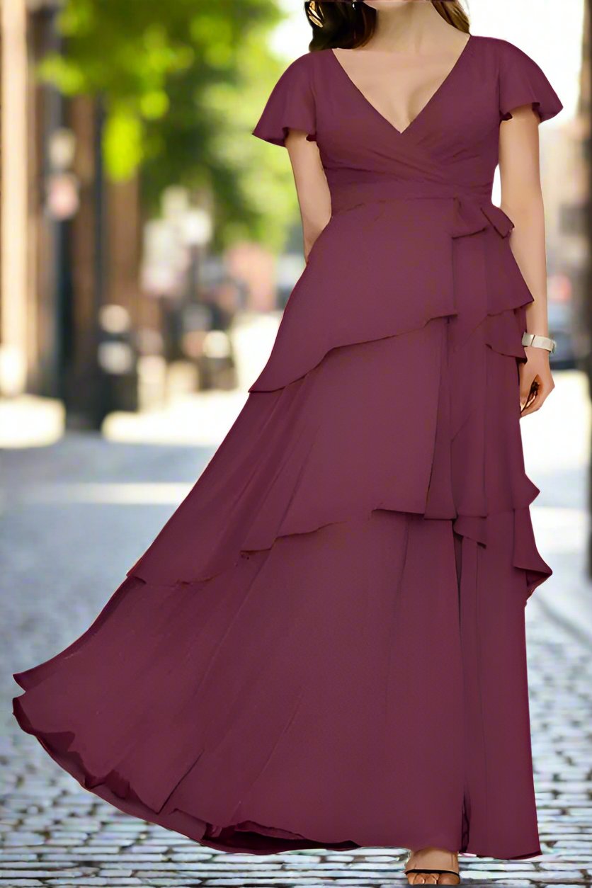 layered dresses for mother of the bride Rachel Allan RB8171 Scalloped V-Neck Flutter Sleeve A-Line Mother of the Bride Dress ROSE / 12