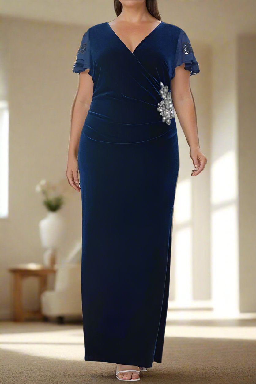 Navy Blue Sheath Short Sleeves Velvet Mother of The Bride Dresses with Ruffles Navy Blue Sheath Short Sleeves Velvet Mother of The Bride Dresses with Ruffles