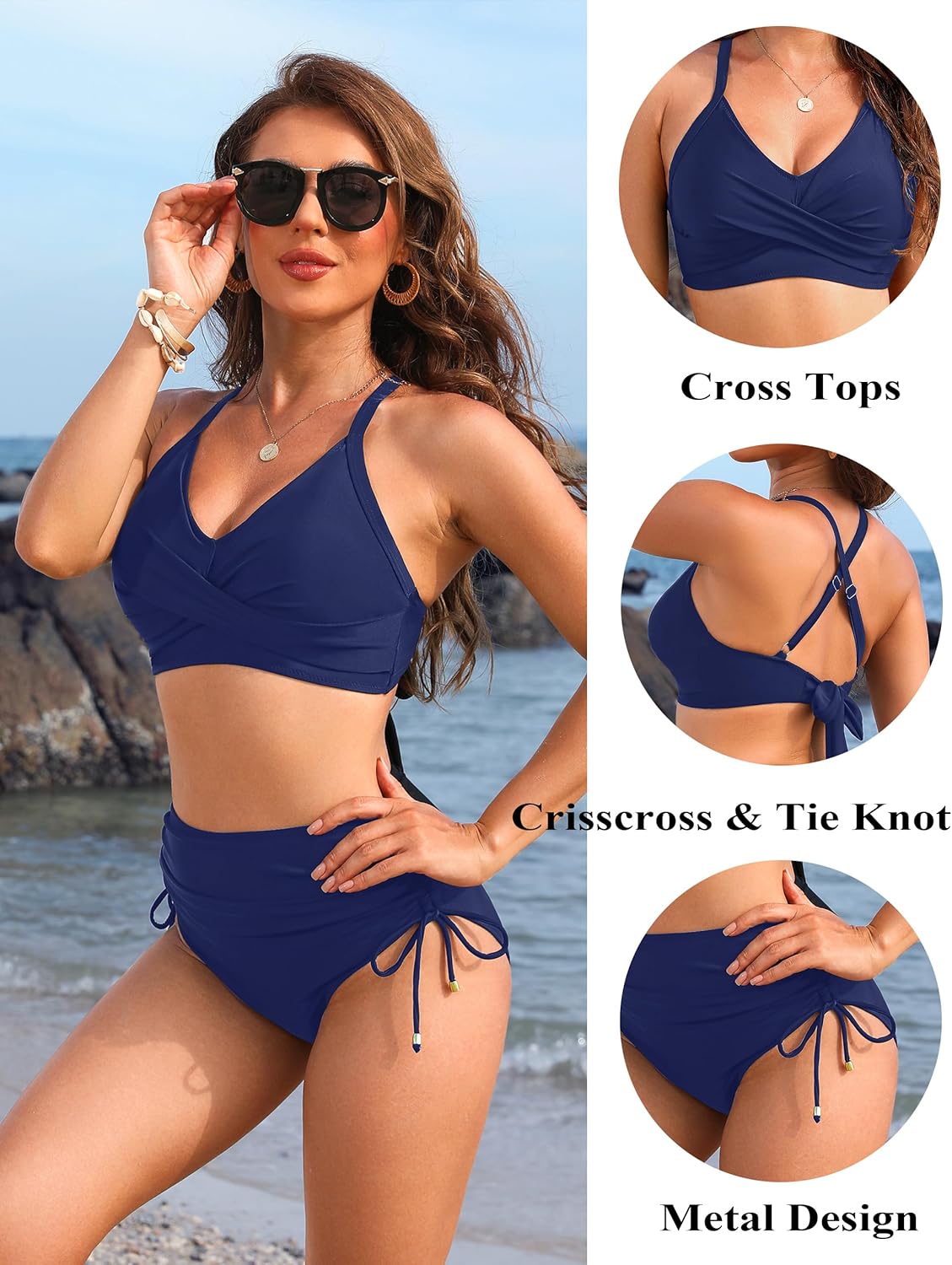 OmbreSwim - Womens High Waisted Bikini Sets Drawstring Tummy Control Swimsuits Crisscross Tie Back Bathing Suit