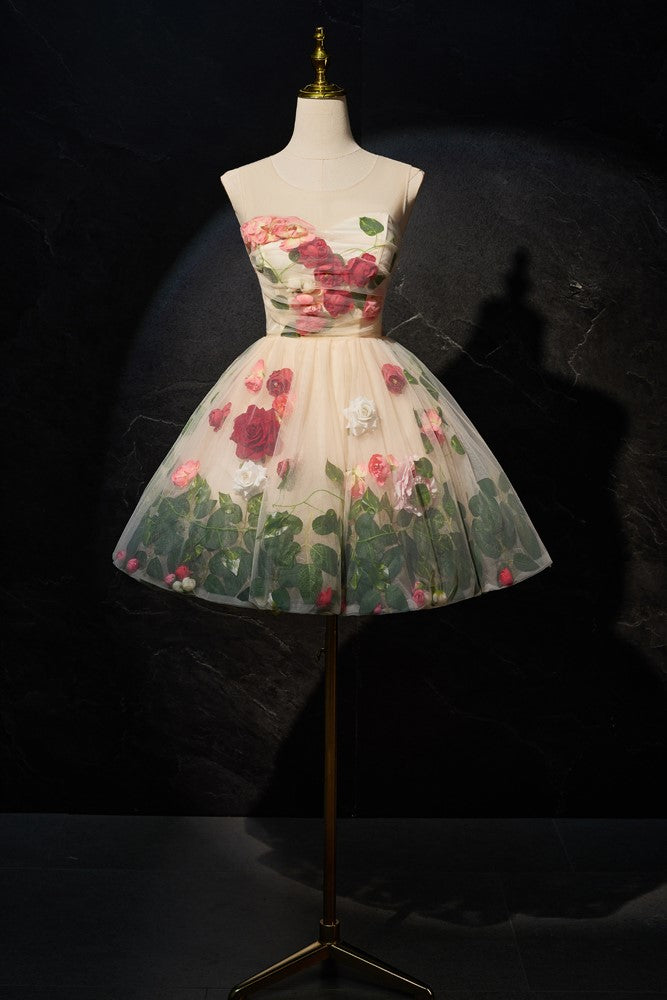New Arrival Floral Sleeveless A Line Short Homecoming Dresses New Arrival Floral Sleeveless A Line Short Homecoming Dresses
