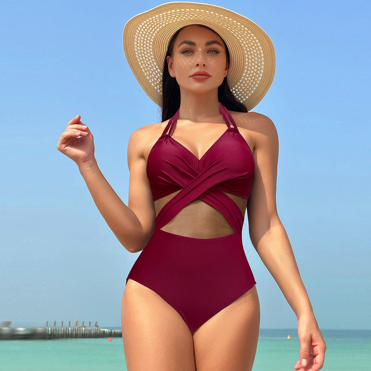 OmbreSwim - Women's One Piece Swimsuits Mesh Tummy Control High Waisted Bathing Suit Wrap Tie Back Cutout Swimsuit