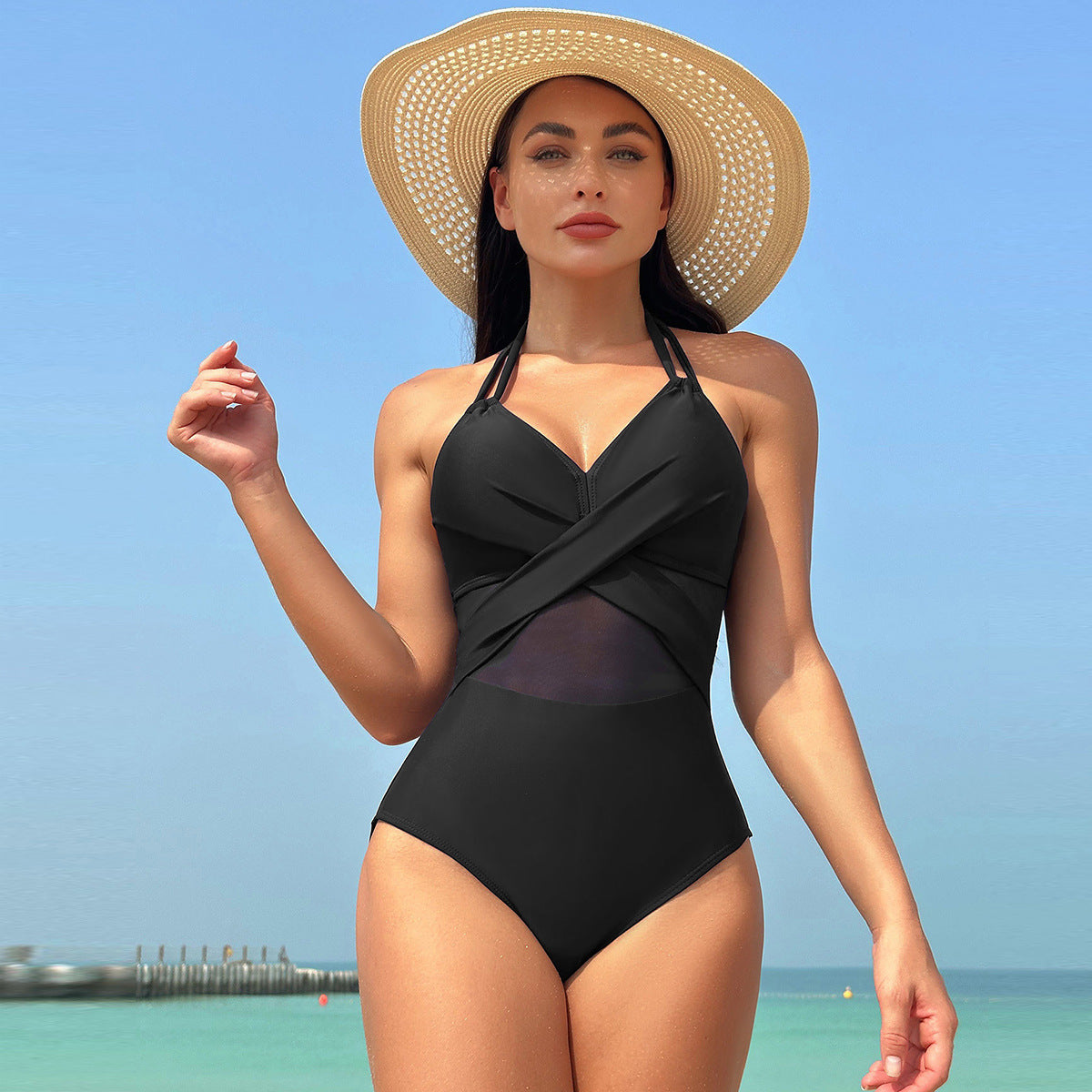 OmbreSwim - Women's One Piece Swimsuits Mesh Tummy Control High Waisted Bathing Suit Wrap Tie Back Cutout Swimsuit