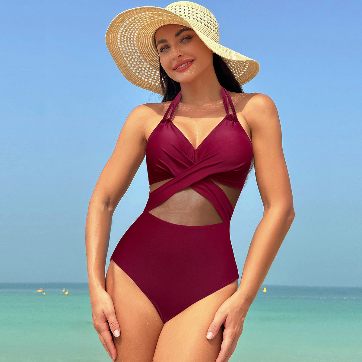OmbreSwim - Women's One Piece Swimsuits Mesh Tummy Control High Waisted Bathing Suit Wrap Tie Back Cutout Swimsuit