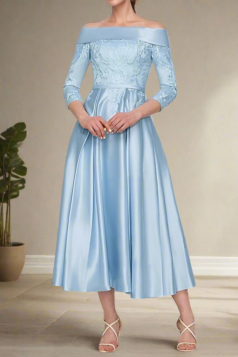 Off The Shoulder Tea Length Appliques Satin Wedding Guest Dresses Off The Shoulder Tea Length Appliques Satin Wedding Guest Dresses