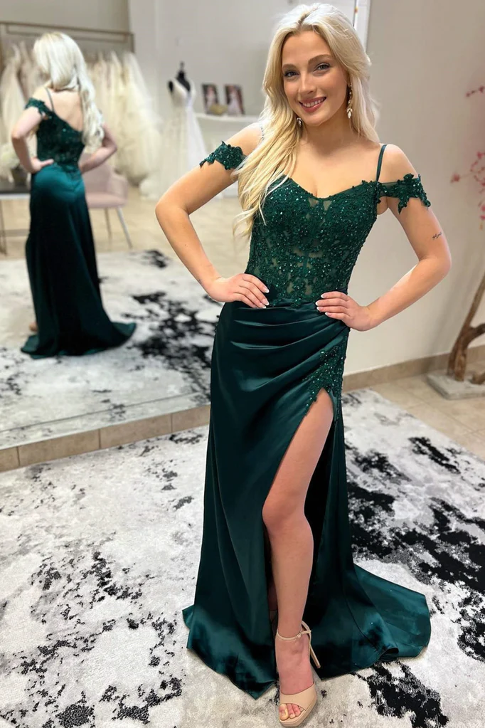 green lace off the shoulder prom dress Leaf Lace Appliqued Off-the-shoulder Green Prom Dress