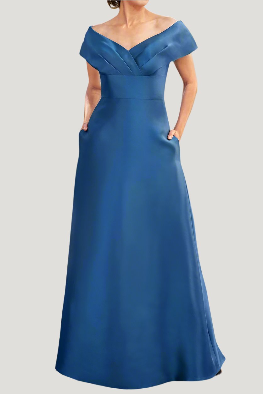 Off-the-Shoulder Satin Mother of The Bride Dresses with Pockets Off-the-Shoulder Satin Mother of The Bride Dresses with Pockets