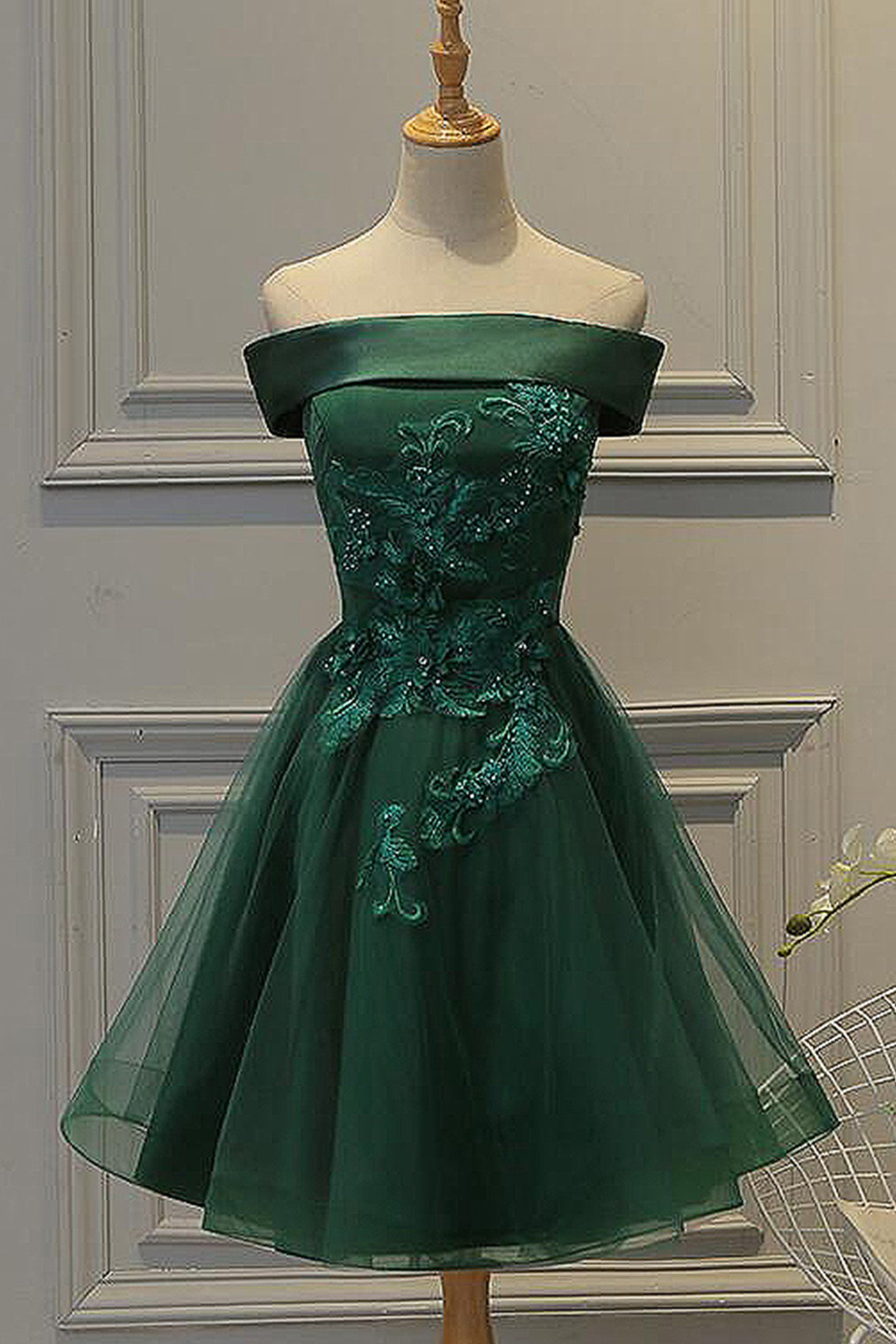 Ombreprom Dark Green Homecoming Dress Strapless A Line Appliques Tulle Mini Prom Dress Ombreprom Dark Green Homecoming Dress Strapless A Line Appliques Tulle Mini Prom Dress
