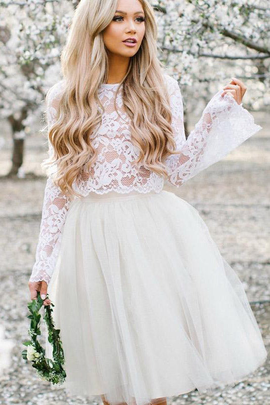 Ivory Two Piece Long Sleeves A Line Tulle Homecoming Dresses