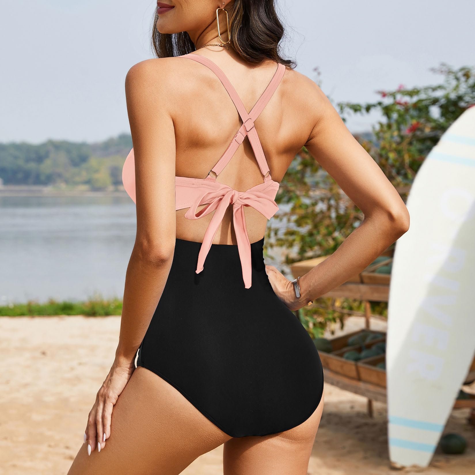 OmbreSwim - Women's One Piece Swimsuits Tummy Control Cutout High Waisted Bathing Suit Wrap Tie Back