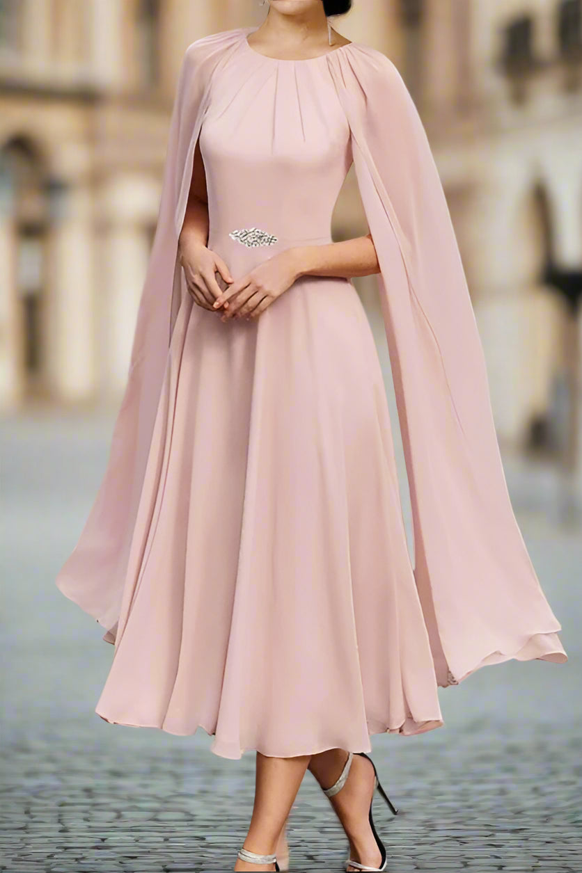 Pink Round Neck Tea Length Chiffon A-Line Wedding Party Dress Pink Round Neck Tea Length Chiffon A-Line Wedding Party Dress