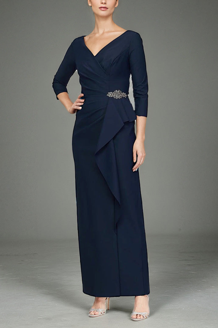 navy ankle length dress AW.Bridal A-line V-Neck Ankle Length Sleeveless Spaghetti Straps Chiffon Ruffles Split Wedding Guest Dresses Dark Navy Plus Size 18