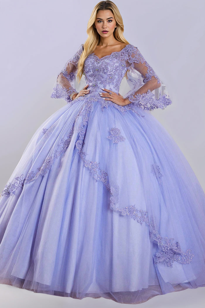 Princess Lilac Tulle Long Sleeves V-neck Quinceanera Dresses Princess Lilac Tulle Long Sleeves V-neck Quinceanera Dresses