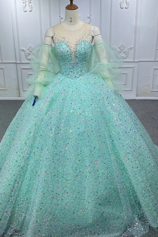 Romantic Sheer Neck Ball Gown Sweep Train Beading Quinceanera Dresses with Detachable Sleeves Romantic Sheer Neck Ball Gown Sweep Train Beading Quinceanera Dresses with Detachable Sleeves