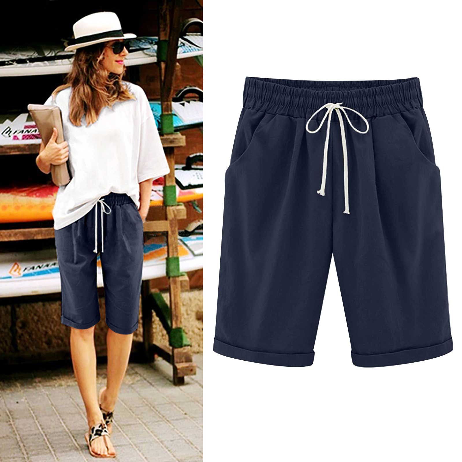 OmbreSwim - Women's Elastic Waist Knee Length Casual Cotton Bermuda Shorts with Drawstring