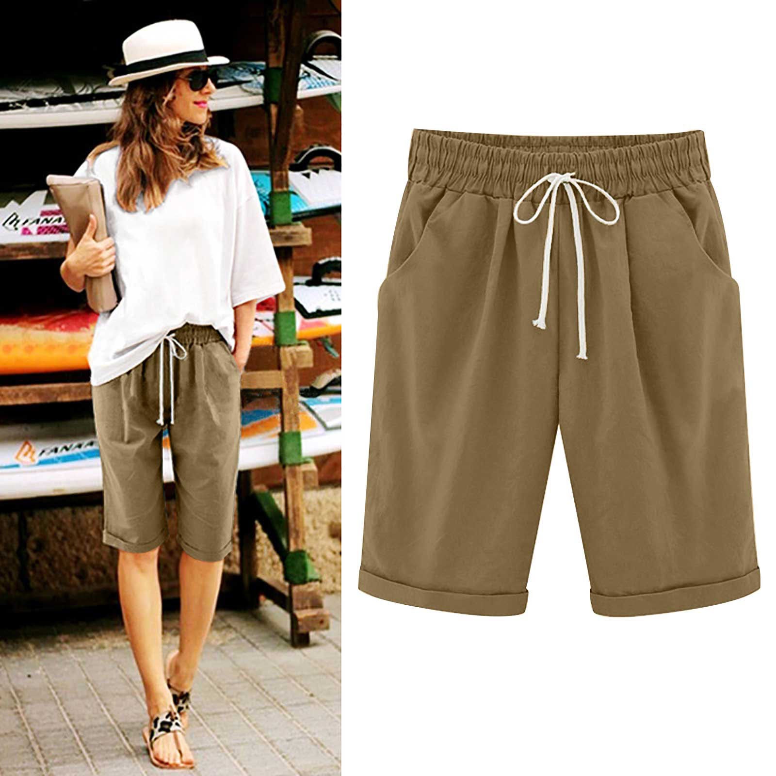 OmbreSwim - Women's Elastic Waist Knee Length Casual Cotton Bermuda Shorts with Drawstring