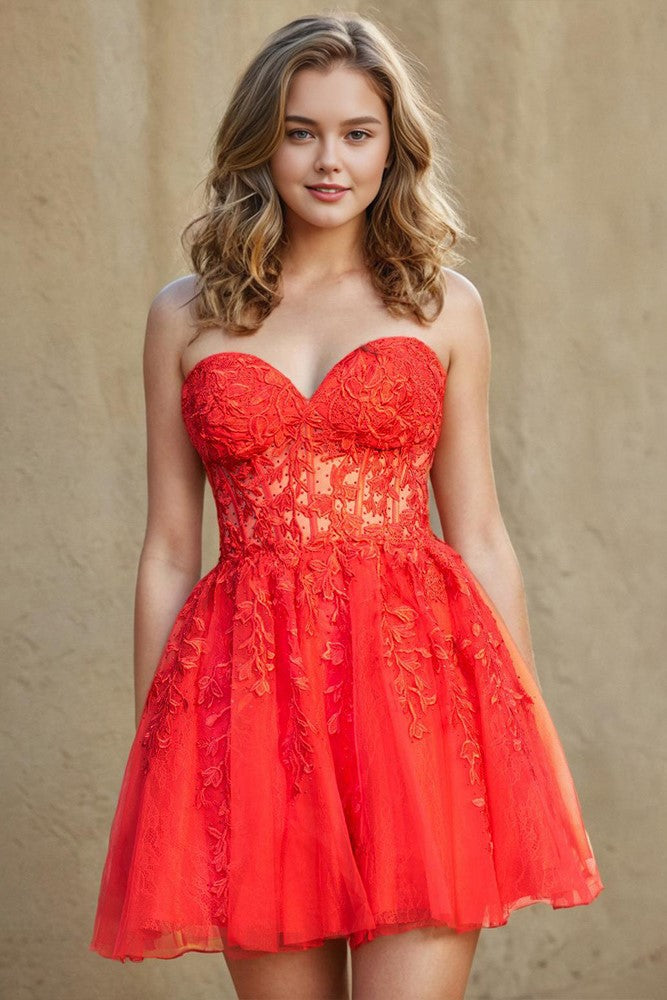 See-Through Sweetheart Sleeveless Red Mini Homecoming Dresses See-Through Sweetheart Sleeveless Red Mini Homecoming Dresses
