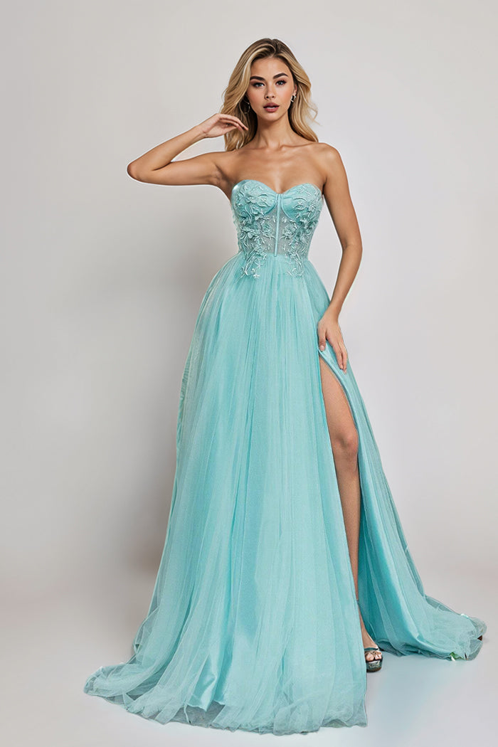 See-through Sweetheart Strapless Tulle Prom Dresses with Slit See-through Sweetheart Strapless Tulle Prom Dresses with Slit