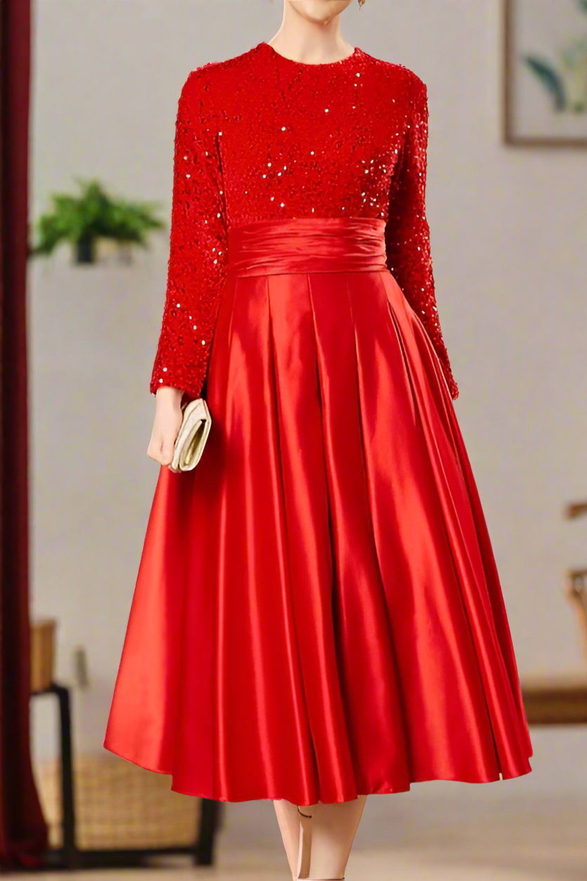 Sequin Red A-Line Long Sleeve Wedding Party Dress with Pleats Sequin Red A-Line Long Sleeve Wedding Party Dress with Pleats