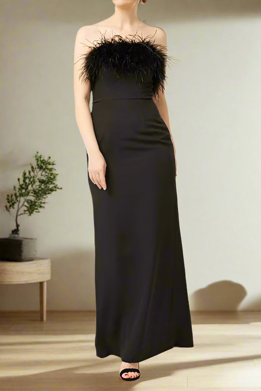 Simple Black Strapless Sheath Ankle Length Prom Dress with Feathers Simple Black Strapless Sheath Ankle Length Prom Dress with Feathers