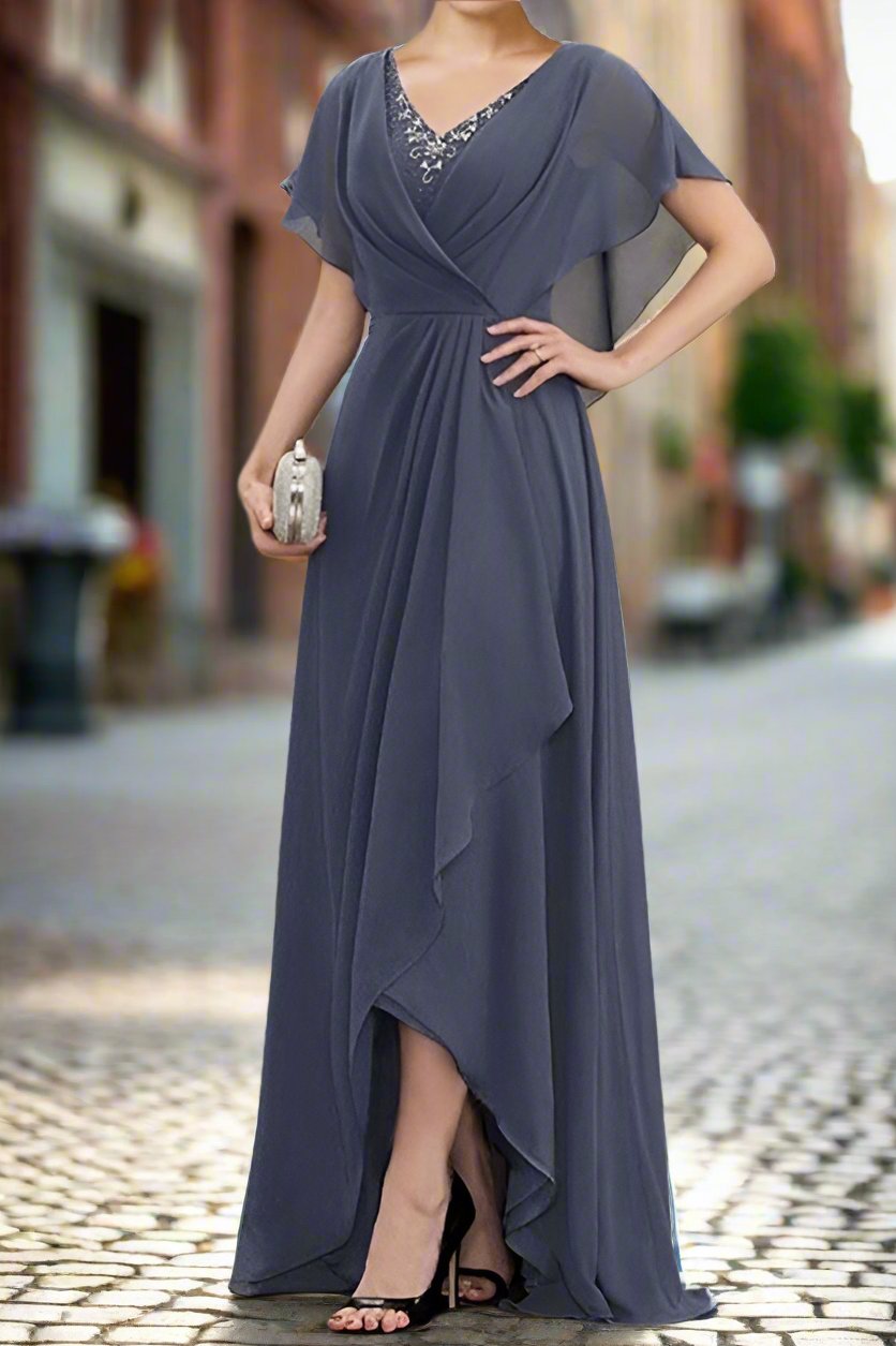 Short Sleeves V-Neck Asymmetrical Mother of The Bride Dresses